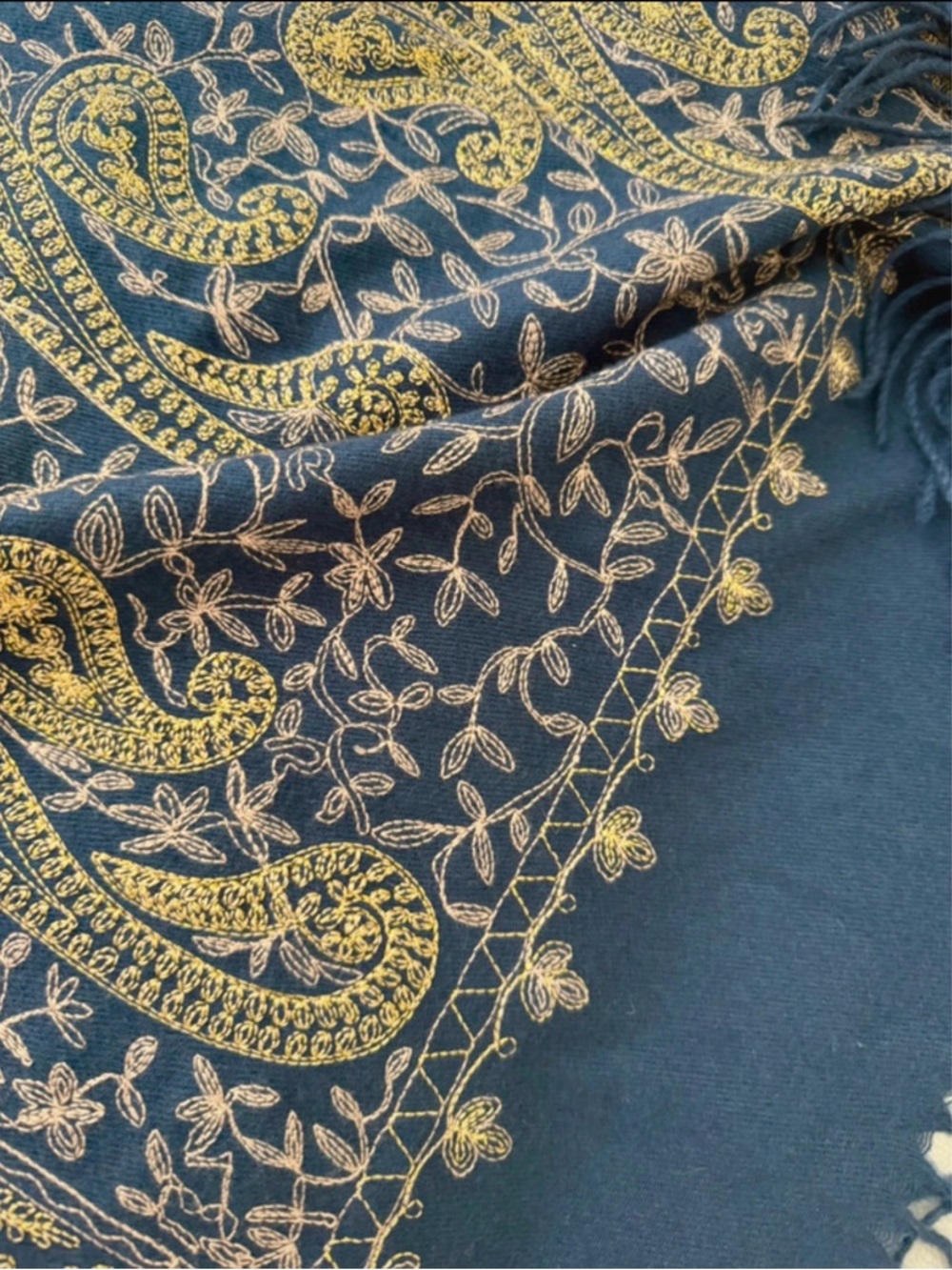 Navy & Gold Paisley Fringe Shawl Pahima Wrap - Picture 5 of 6